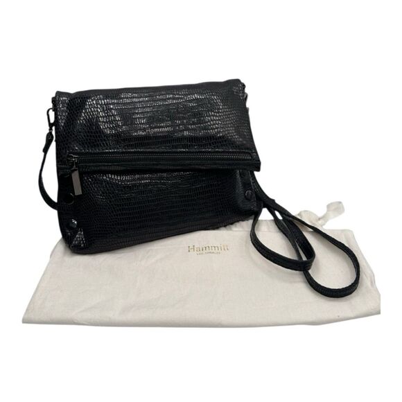 Hammitt VIP Medium Black Lizard Emboss Crossbody Gunmetal Red Suede - Picture 3 of 16